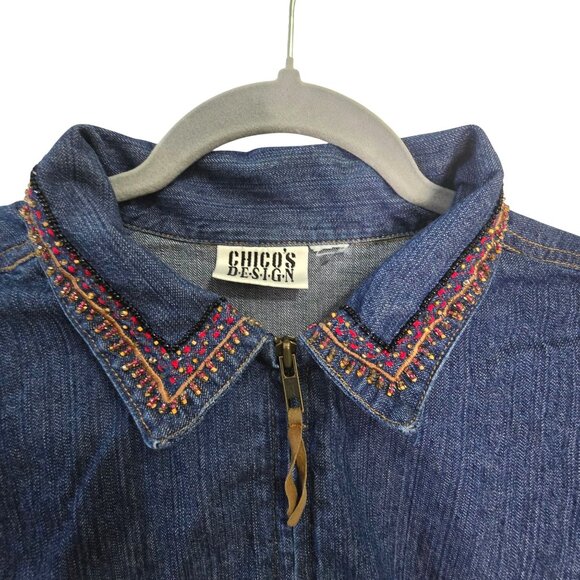Chicos Vintage Denim Zip-Up Shirt Embroidered & Beaded Camel &Collar Boho READ - Picture 4 of 12